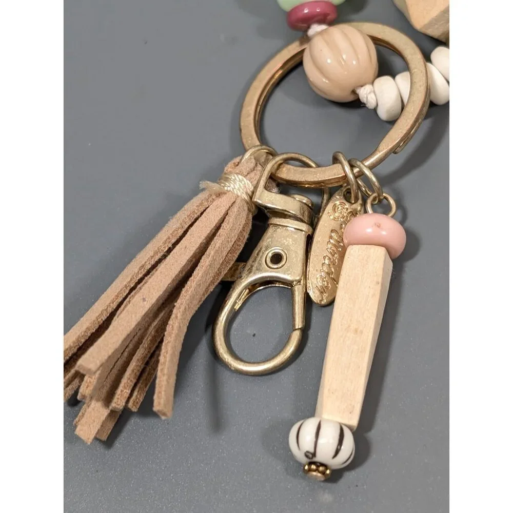 Plunder Boho Beaded Tassel‎ ID Badge Holder Cream Green Long Necklace 38 in
